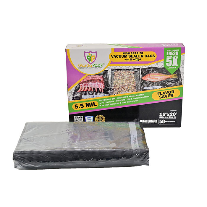 GardaPack High-Barrier Vacuum Seal Bag, Black and Clear, 15 in. x 20 in., Pack of 50