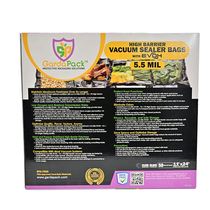 GardaPack High-Barrier Vacuum Seal Bag, Black and Clear, 11 in. x 24 in., Pack of 50