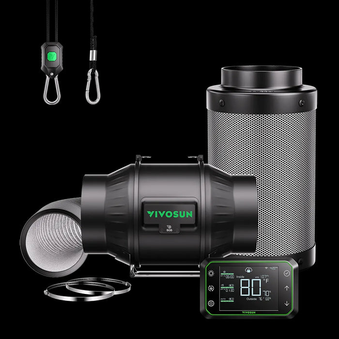 Vivosun Smart Air Filtration Kit Pro, AeroZesh T6 Inline Fan, E42A Controller, Carbon Filter, & Ducting Combo, 6"