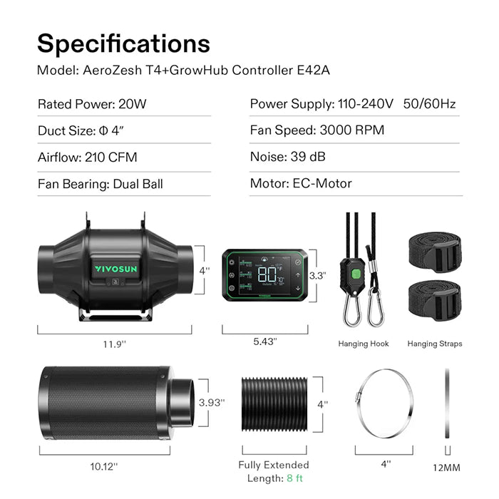 Vivosun Smart Air Filtration Kit Pro, AeroZesh T4 Inline Fan, E42A Controller, Carbon Filter, & Ducting Combo, 4"