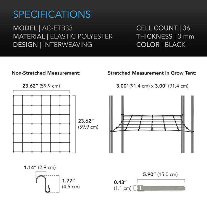 AC Infinity Elastic Grow Tent Trellis Netting, 3' x 3'
