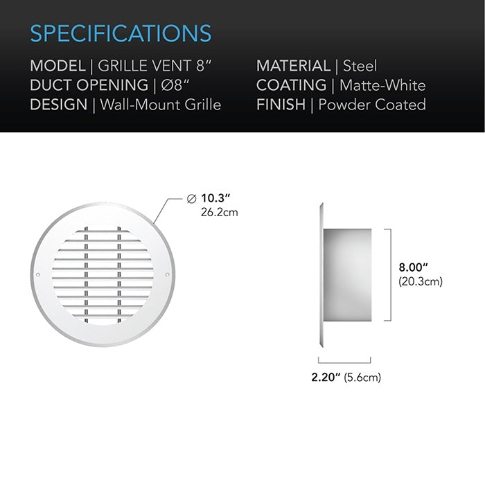 AC Infinity Wall-Mount Duct Grille Vent, White Steel, 8"