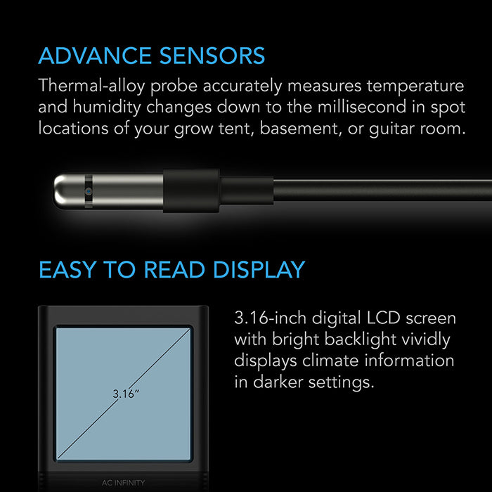 AC Infinity CLOUDCOM B1 Smart Thermo-Hygrometer, 12 ft. Sensor Probe