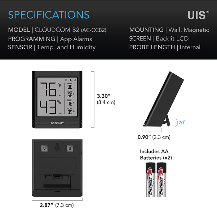 AC Infinity CLOUDCOM B2 Smart Thermo-Hygrometer, Integrated Sensor Probe
