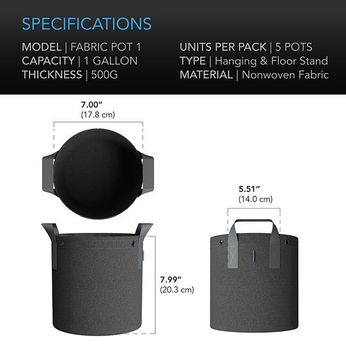 AC Infinity Heavy-Duty Fabric Pot, 1 Gallon, Pack of 5