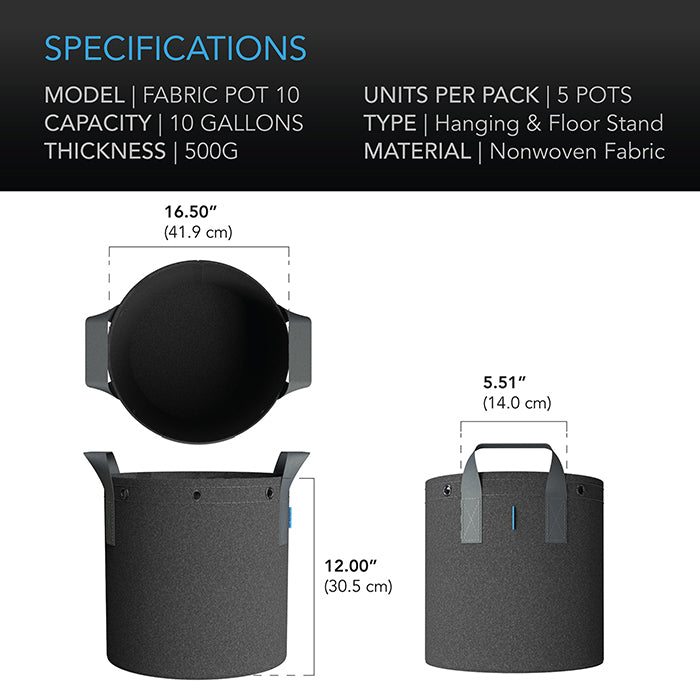 AC Infinity Heavy-Duty Fabric Pot, 10 Gallon, Pack of 5
