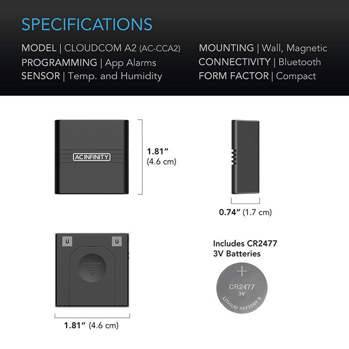 AC Infinity CLOUDCOM A2 Mini Smart Thermo-Hygrometer, Integrated Sensor Probe