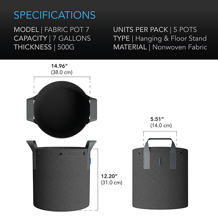 AC Infinity Heavy-Duty Fabric Pot, 7 Gallon, Pack of 5