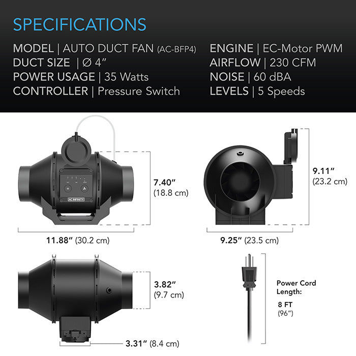 AC Infinity Automatic Booster Duct Fan, 4"