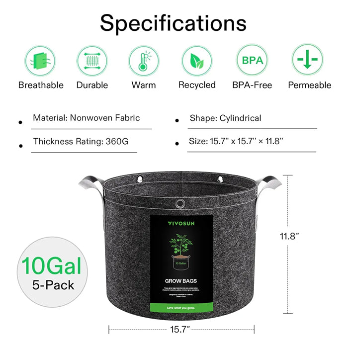 Vivosun Thick Nonwoven Fabric Pot with Handles & Multi-Purpose Rings, 10 Gallon, Pack of 5