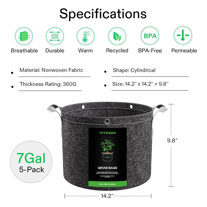 Vivosun Thick Nonwoven Fabric Pot with Handles & Multi-Purpose Rings, 7 Gallon, Pack of 5