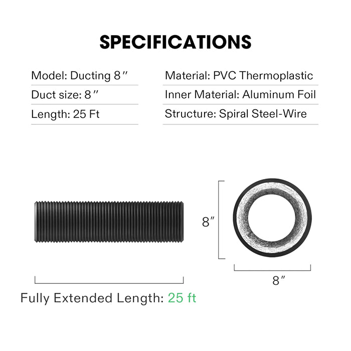 Vivosun Black Non-Insulated Flex Air Aluminum Ducting, 8" x 25'